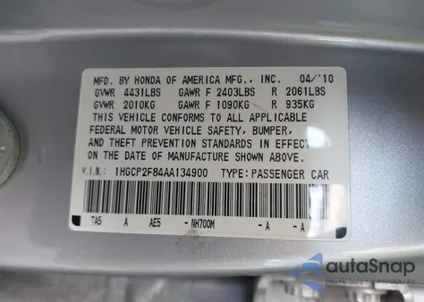 2010 Honda Accord 2.4 Ex-L from USA, damaged, VIN 1HGCP2F84AA134900